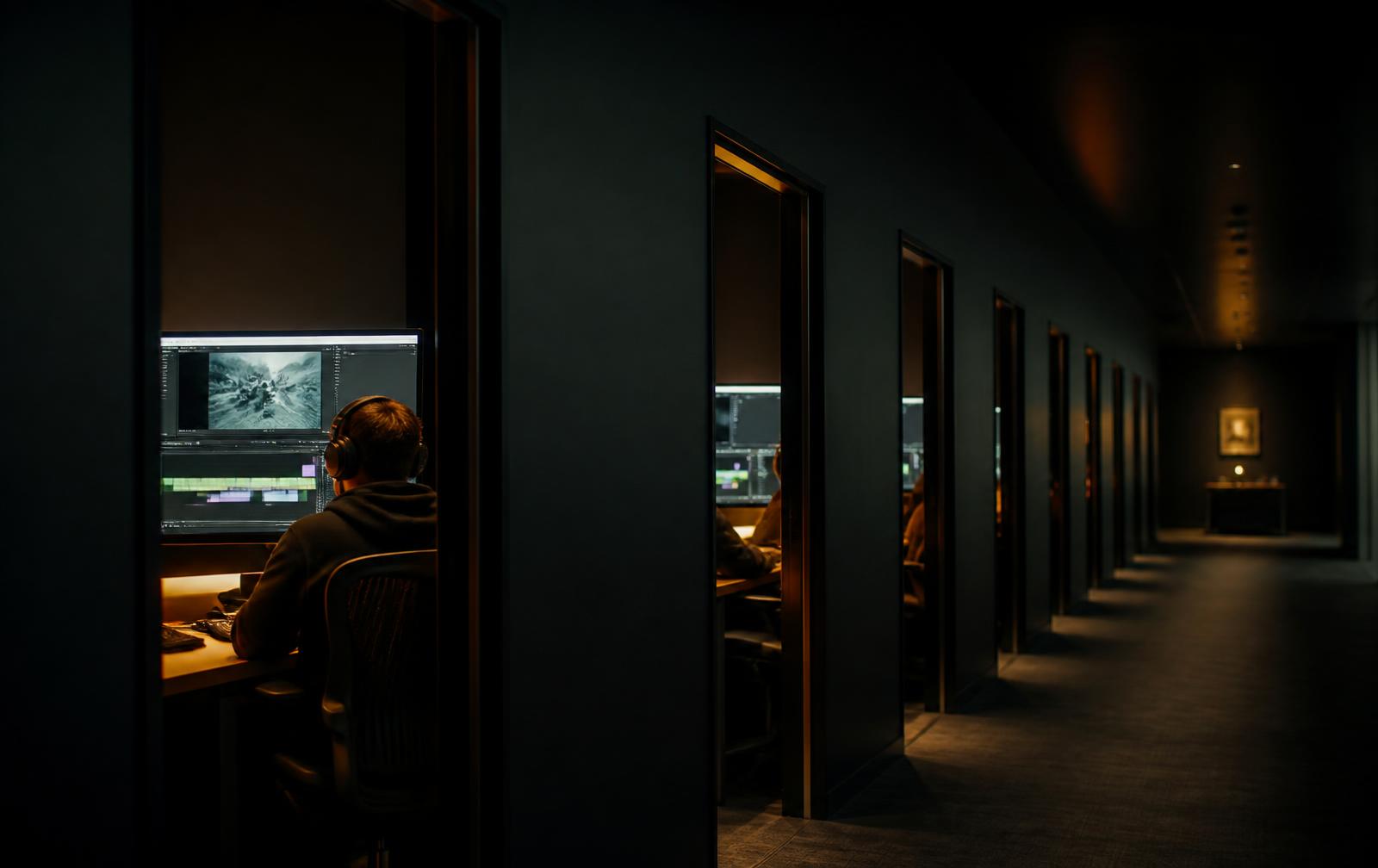 Corridor of occupied edit suites in a post-production facility, editors working late against a delivery date