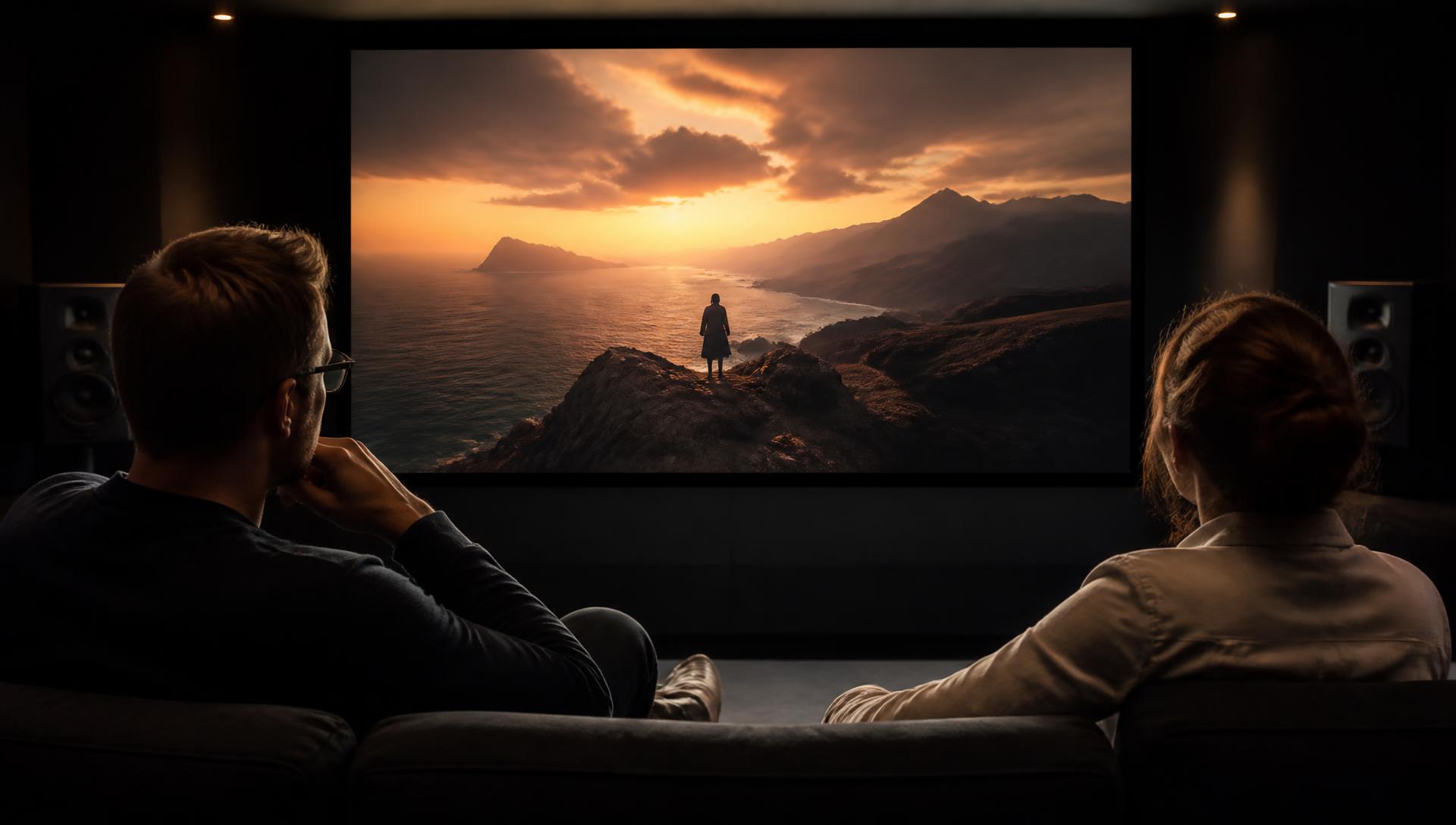 Producers reviewing a finished television programme on a large screen