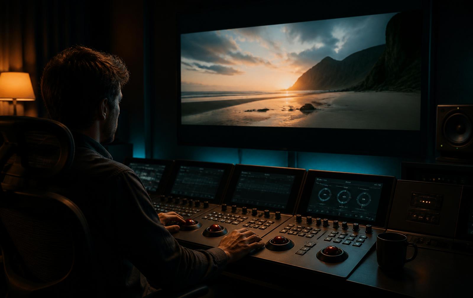 Colourist grading a television sequence on a calibrated monitor in a grading theatre