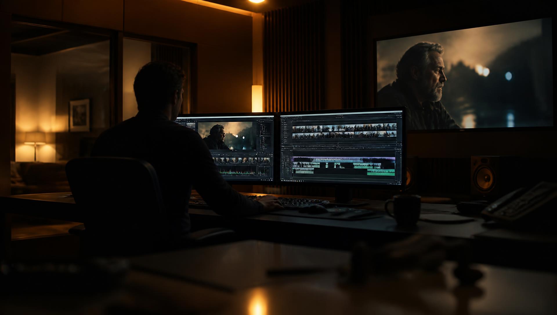Editor working at a professional television edit suite, timeline on screen