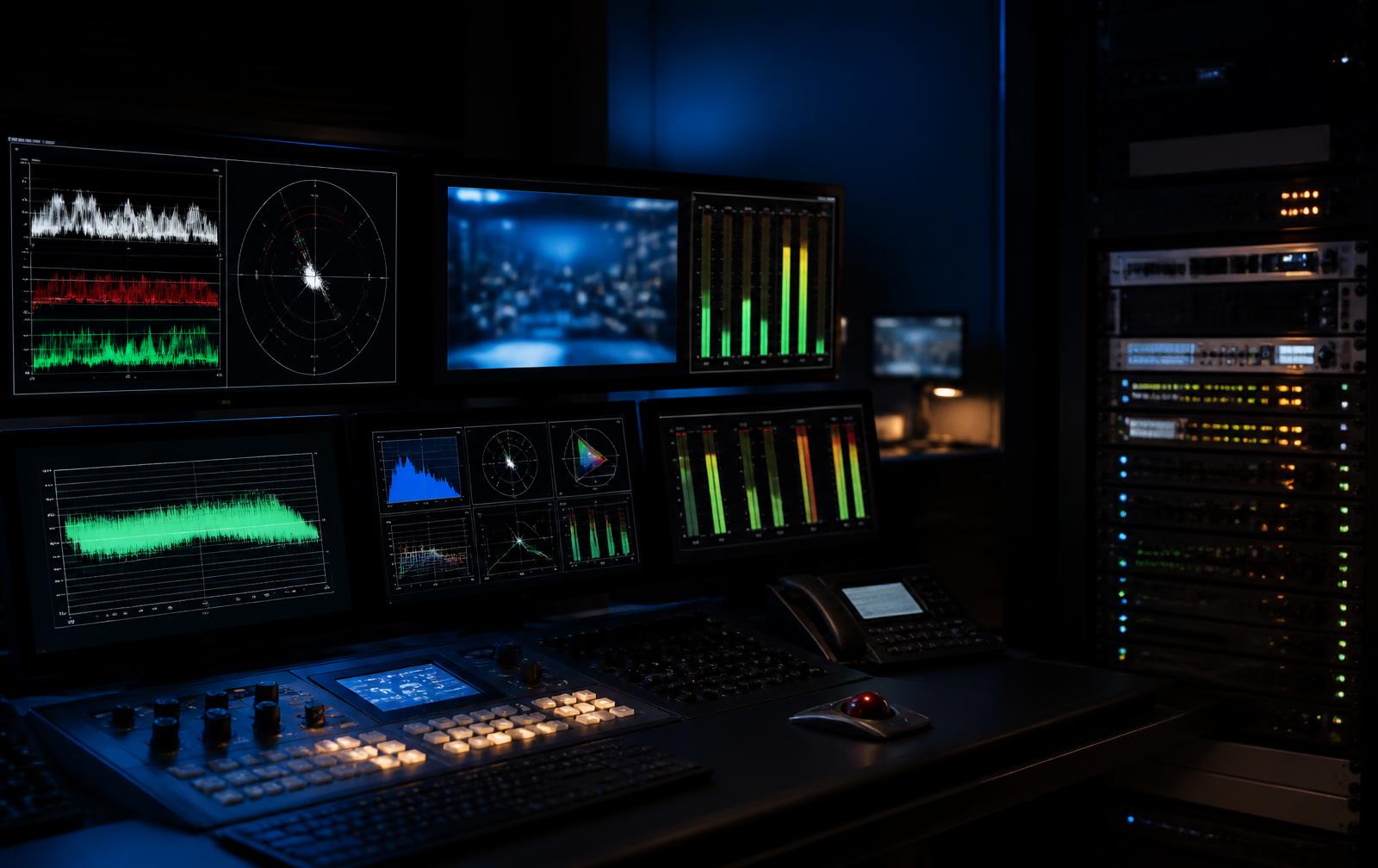 Broadcast quality control area with waveform, vectorscope and loudness monitoring for final delivery