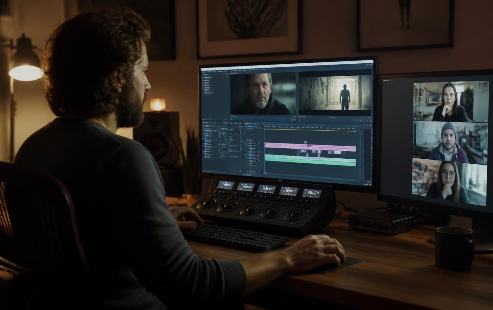 Remote editor cutting a programme while producers review the work on a video call