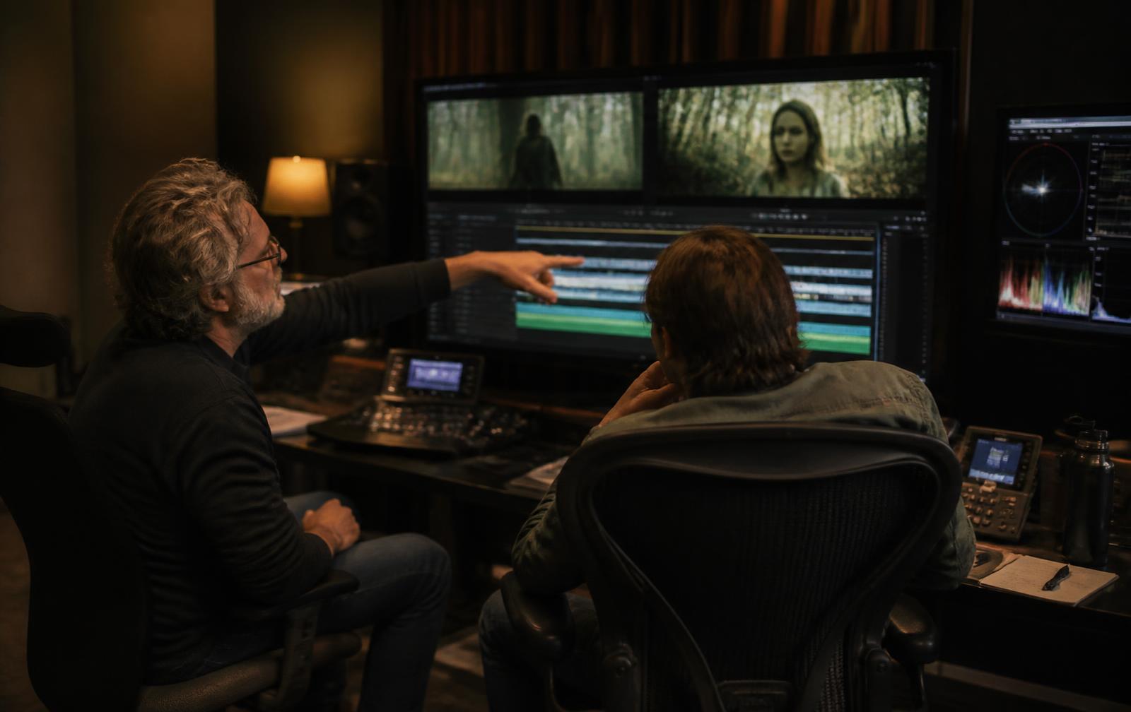 Producer and editor reviewing a cut together in an edit suite, discussing the timeline