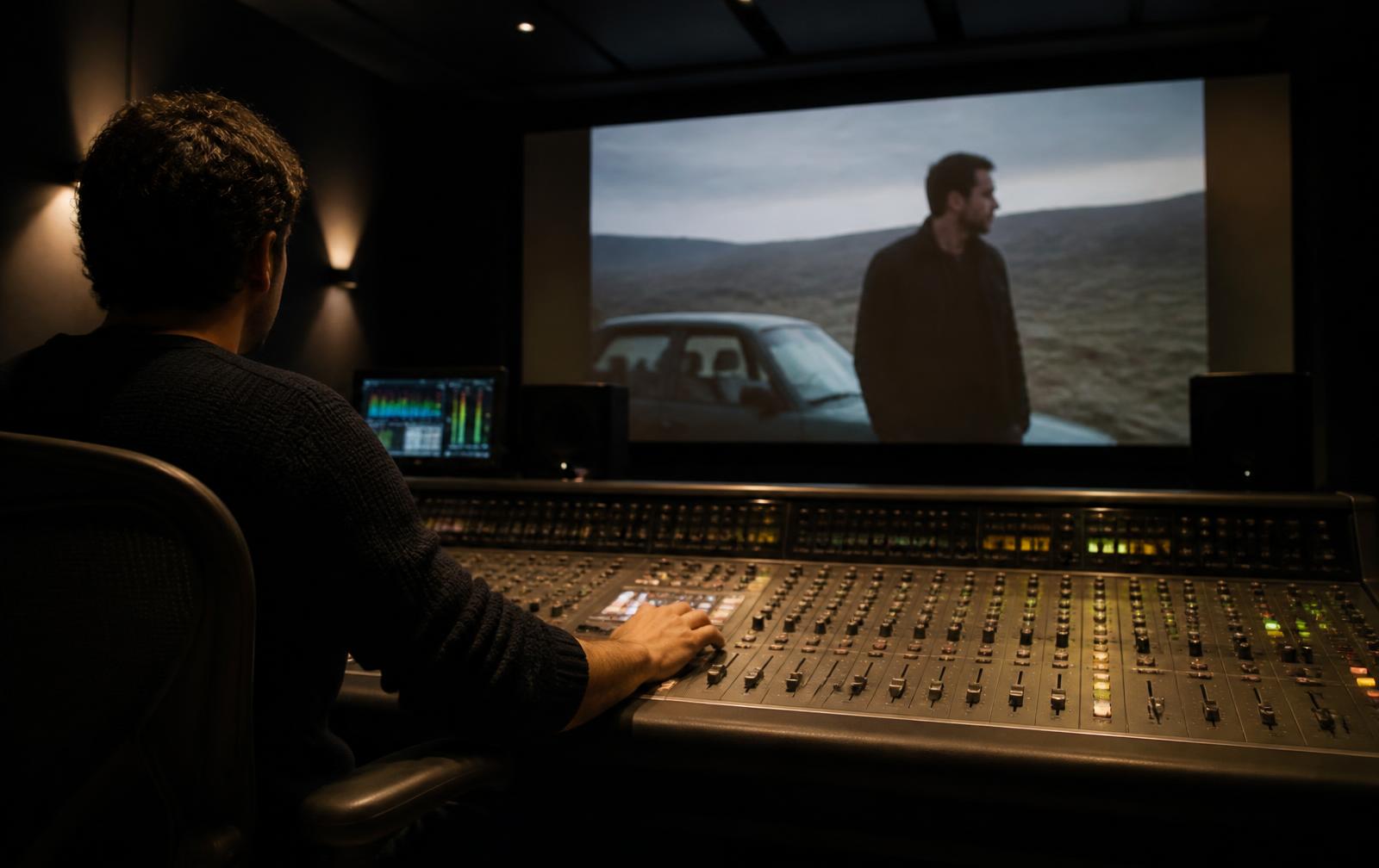 Sound engineer mixing a television programme in a dubbing theatre